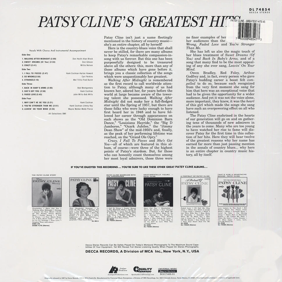 Patsy Cline - Greatest Hits 45RPM, 200g Vinyl Edition