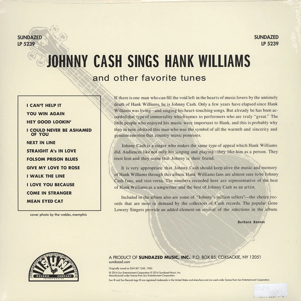 Johnny Cash - Johnny Cash Sings Hank Williams Clear Vinyl Edition