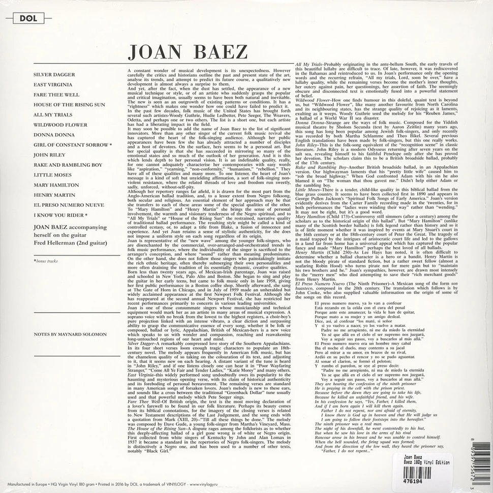 Joan Baez - Baez 180g Vinyl Edition