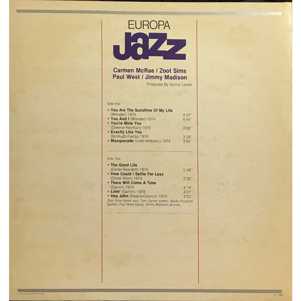 Carmen McRae, Zoot Sims, Paul West, Jimmy Madison - Europa Jazz - Vinyl ...