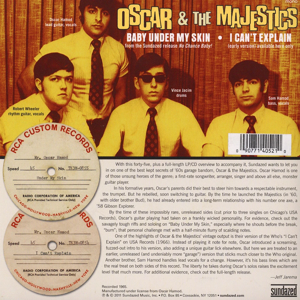 Oscar & The Majestics - Baby Under My Skin / I Can't Explain Clear Blue Vinyl Edition