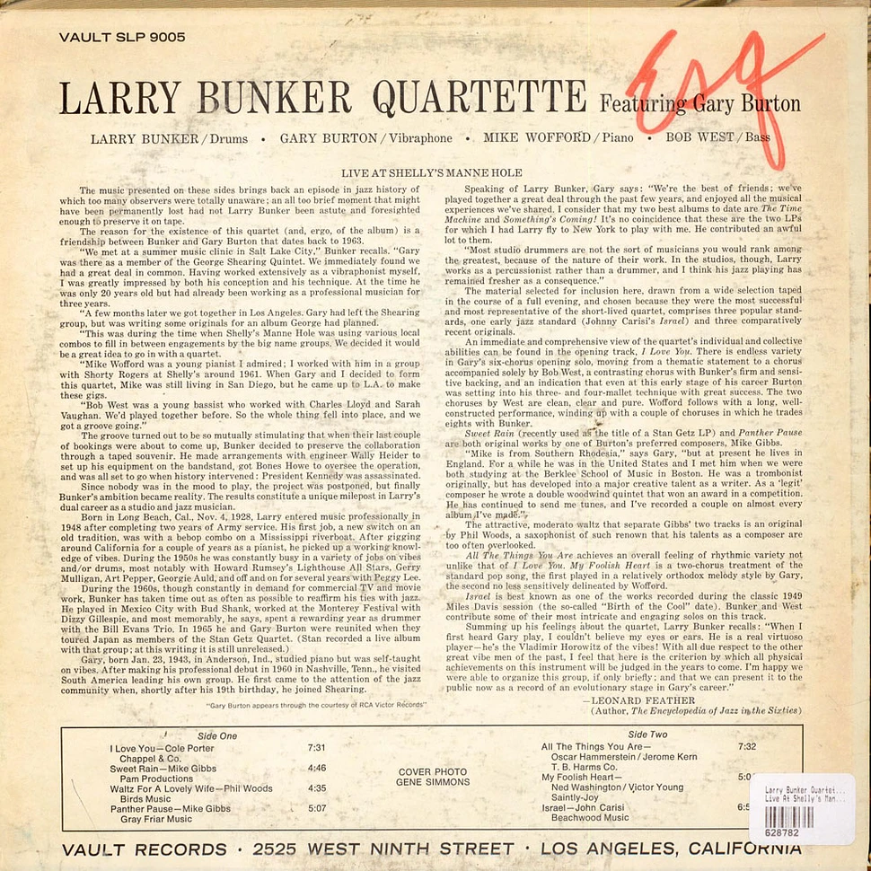 Larry Bunker Quartette Featuring Gary Burton - Live At Shelly's Manne-Hole