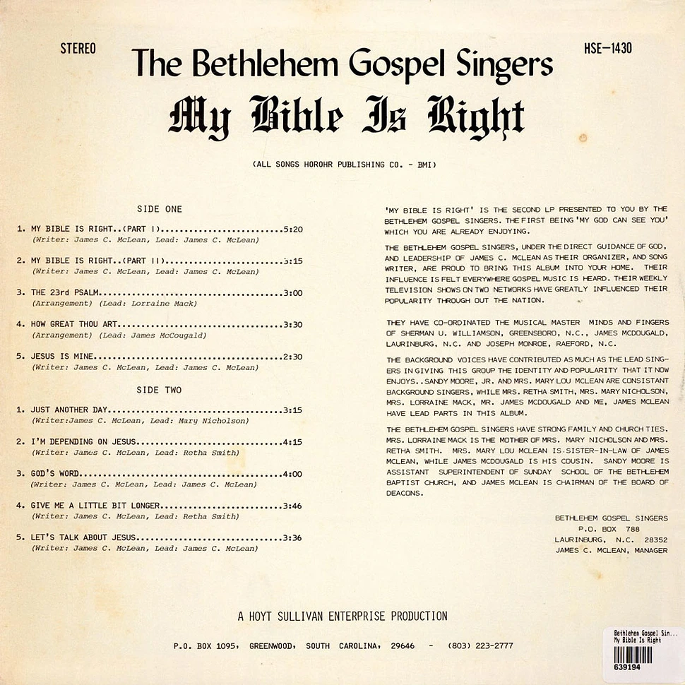 Bethlehem Gospel Singers - My Bible Is Right