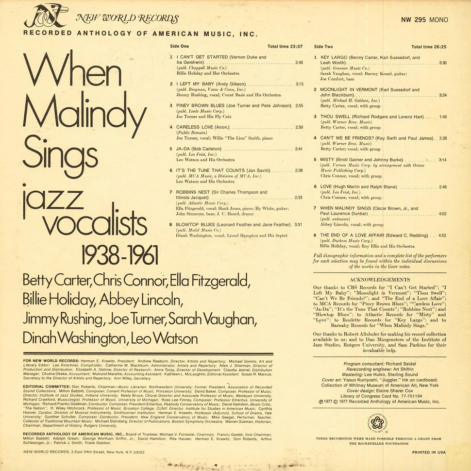 V.A. - When Malindy Sings - Jazz Vocalists 1938 - 1961