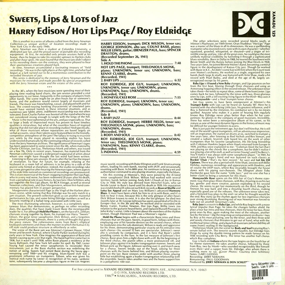 Harry Edison / Hot Lips Page / Roy Eldridge - Sweets, Lips & Lots Of Jazz