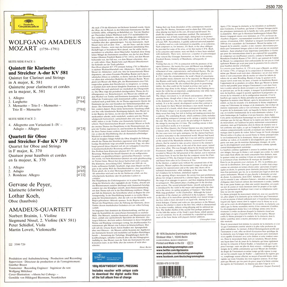 Wolfgang Amadeus Mozart - Quintett für Klarinette und Streicher KV 581 / Quartett für Oboe und Streicher KV 370
