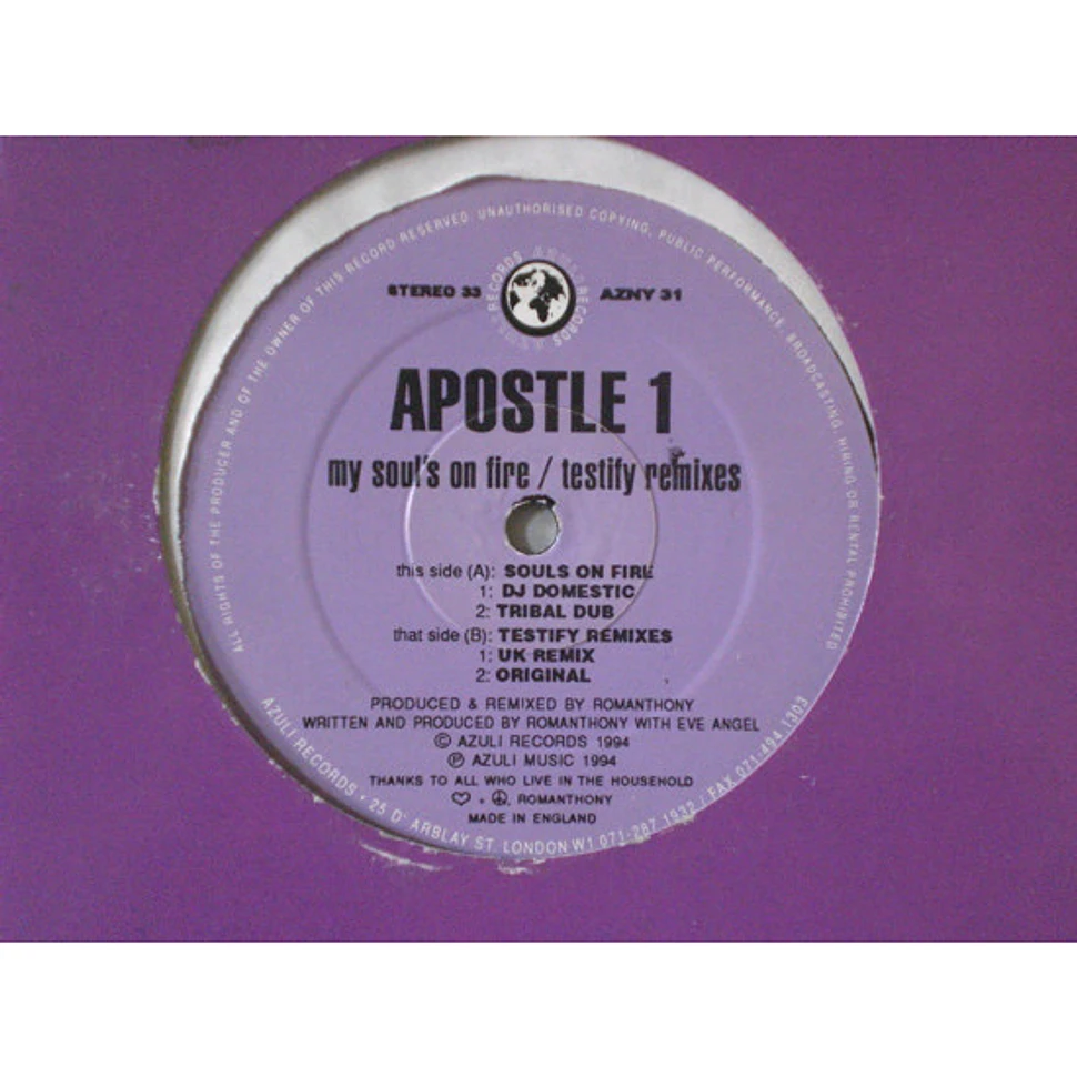 Apostle 1 - My Soul's On Fire / Testify Remixes