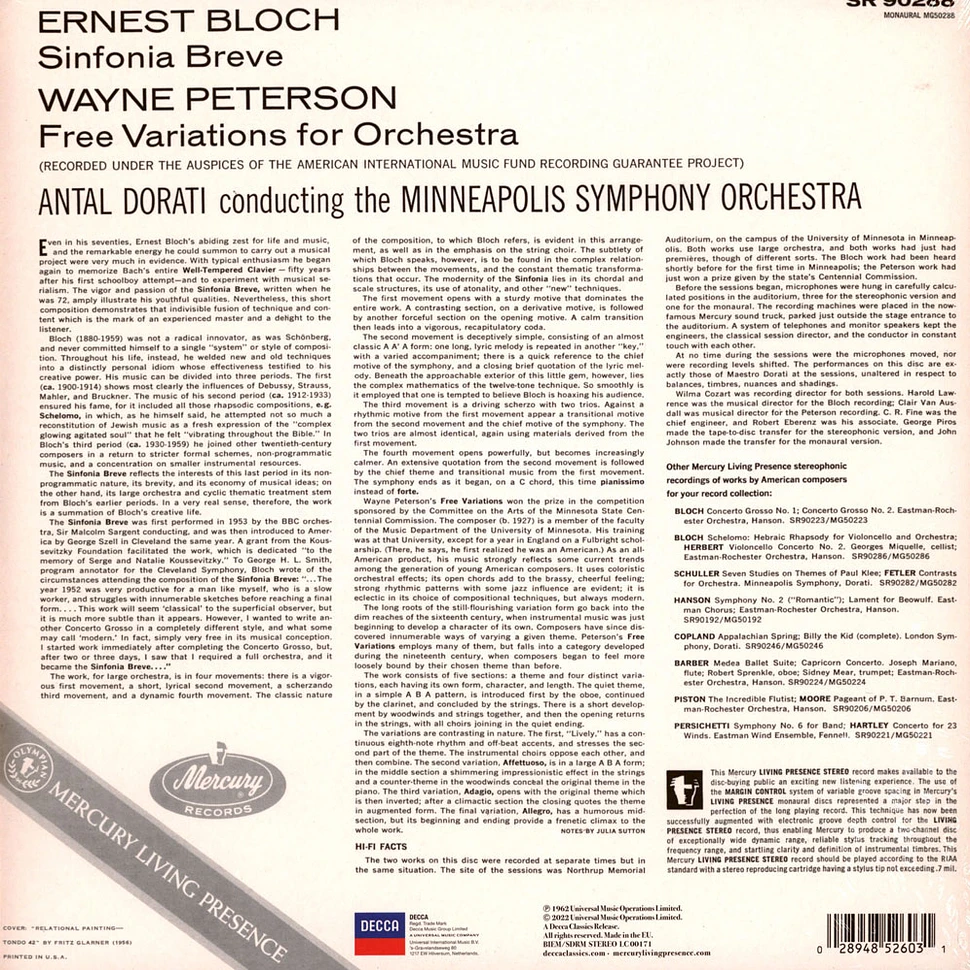 Minneapolis Symphony Orchestra / Antal Dorati - Bloch Sinfonia Breve / Peterson Free Variations