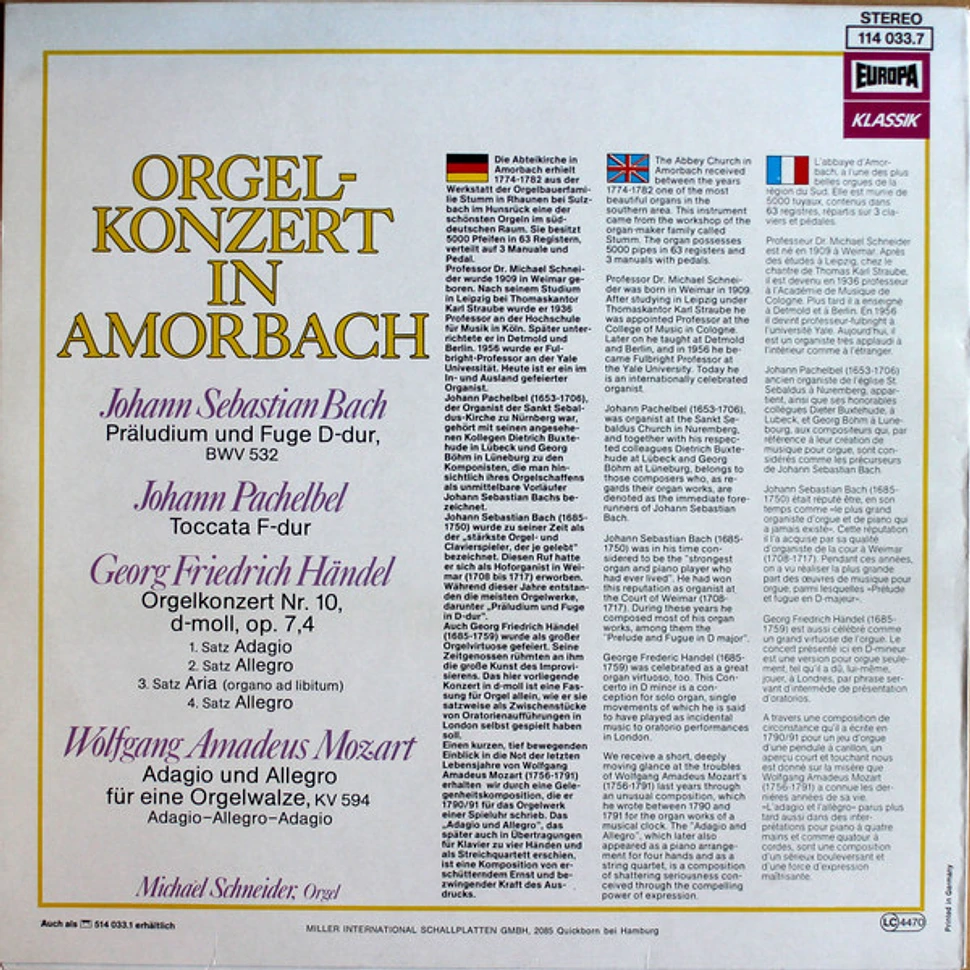Johann Sebastian Bach / Johann Pachelbel / Georg Friedrich Händel Und Wolfgang Amadeus Mozart, Michael Schneider - Orgelkonzert In Amorbach