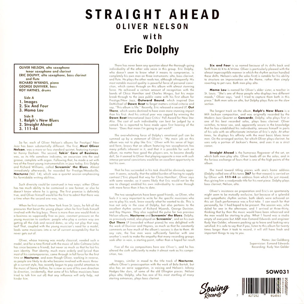 Oliver Nelson With Eric Dolphy - Straight Ahead Clear Vinyl Edition