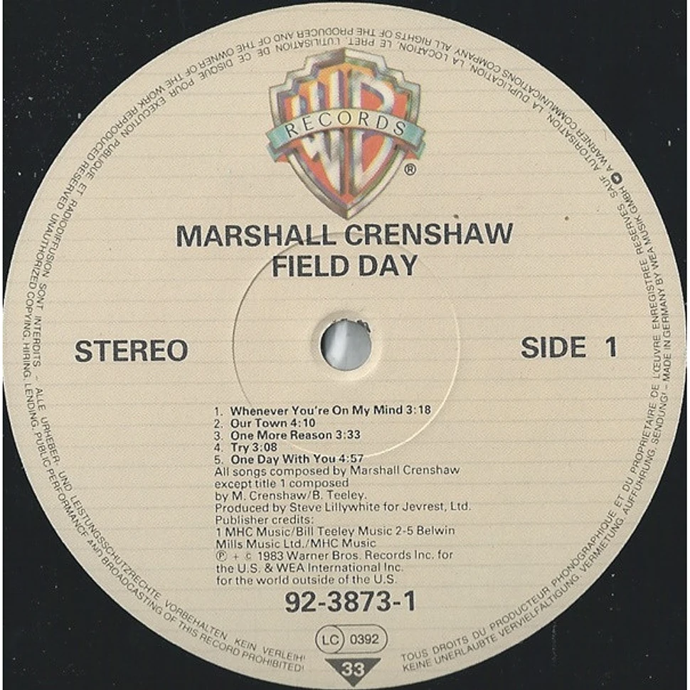 Marshall Crenshaw Field Day Vinyl LP 1983 Original HHV