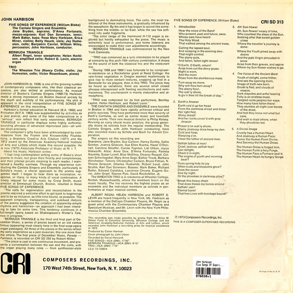 John Harbison - Five Songs Of Experience / Trio / Bermuda Triangle