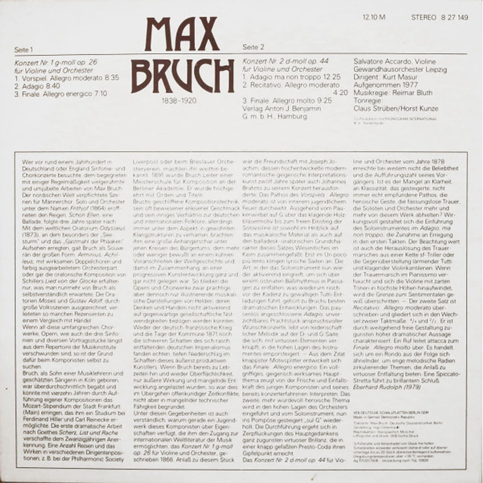 Max Bruch, Salvatore Accardo, Gewandhausorchester Leipzig, Kurt Masur - Violinkonzerte Nr.1 G-moll / Nr.2 D-moll