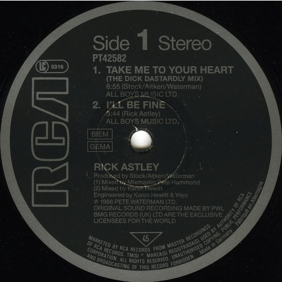 Rick Astley Take Me To Your Heart The Dick Dastardly Mix Vinyl 12 1988 Eu Original