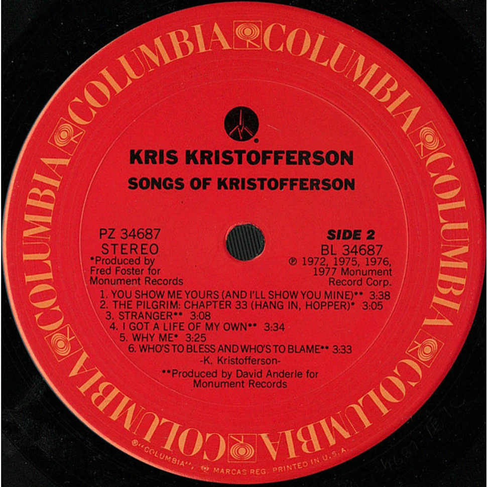 Kris Kristofferson - Songs Of Kristofferson - Vinyl LP - 1977 - US ...