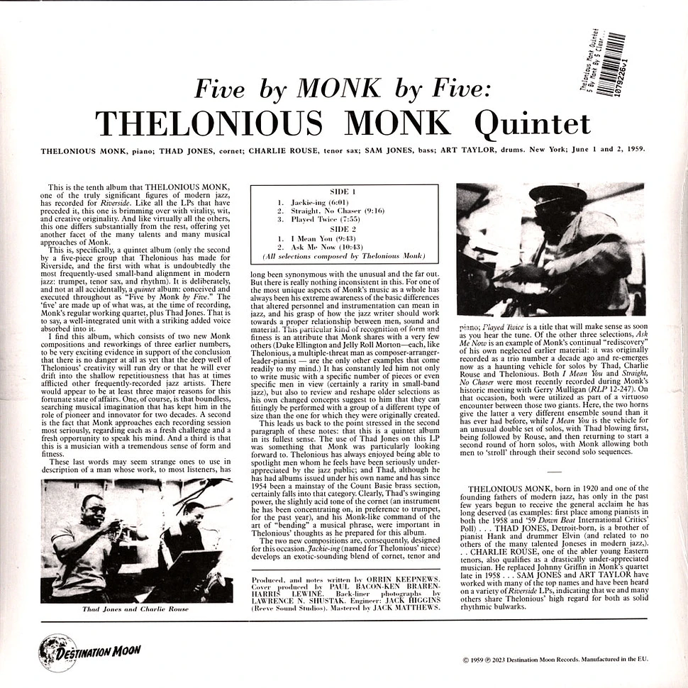 The Thelonious Monk Quintet - 5 By Monk By 5 Clear Vinyl Edtion