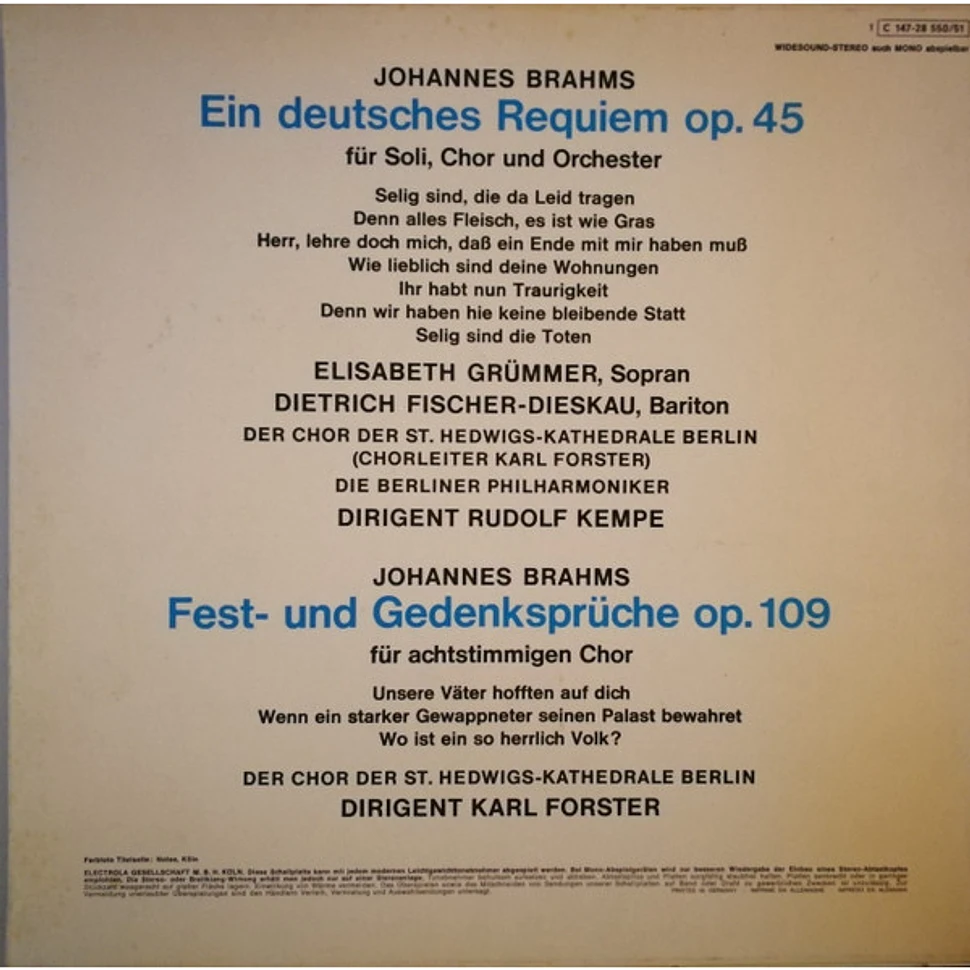 Johannes Brahms, Elisabeth Grümmer, Dietrich Fischer-Dieskau, Chor Der St. Hedwigs-Kathedrale Berlin, Berliner Philharmoniker, Rudolf Kempe - Ein Deutsches Requiem Op.45 - Fest-Und Gedenksprüche Op.109