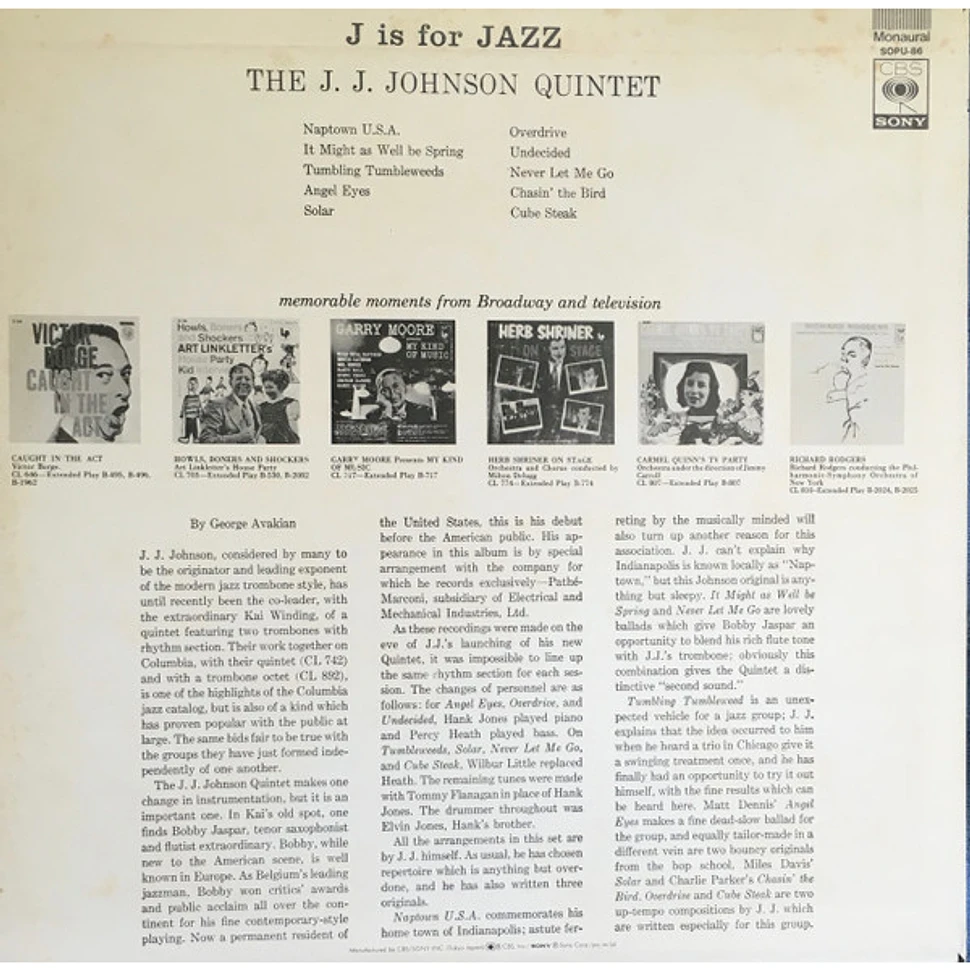 The J.J. Johnson Quintet - J Is For Jazz