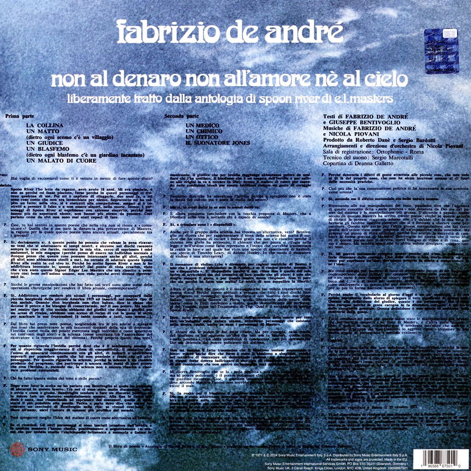 Fabrizio De Andre' - Non Al Denaro Non All'amore Ne Al Cielo Edizione Way Point Black Vinyl Edition