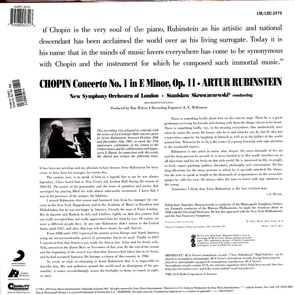 Frederic Chopin - Concerto No1 No1 Rubinstein 200g Editionskrowaczewski