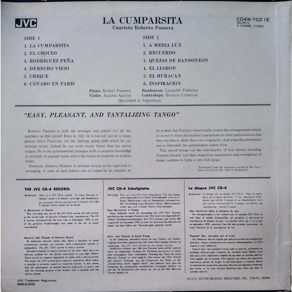 Roberto Pansera With Leopoldo Federico, Aquiles Aguilar, Horacio Cabarcos - La Cumparsita