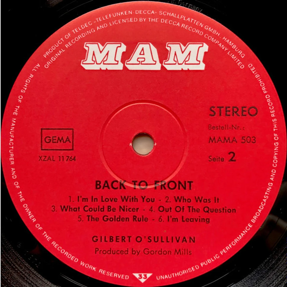 Gilbert O'Sullivan - Back To Front