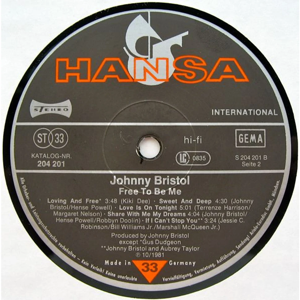 Johnny Bristol - Free To Be Me