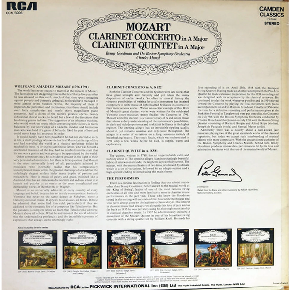 Wolfgang Amadeus Mozart, Benny Goodman And Boston Symphony Orchestra, Charles Munch - Clarinet Concerto In A Major / Clarinet Quintet In A Major