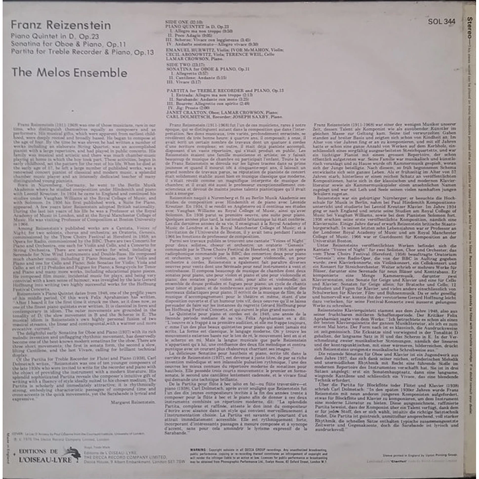 Franz Reizenstein - Melos Ensemble Of London - Piano Quintet In D / Sonatina For Oboe & Piano, Op.11 / Partita For Treble Recorder & Piano, Op.13