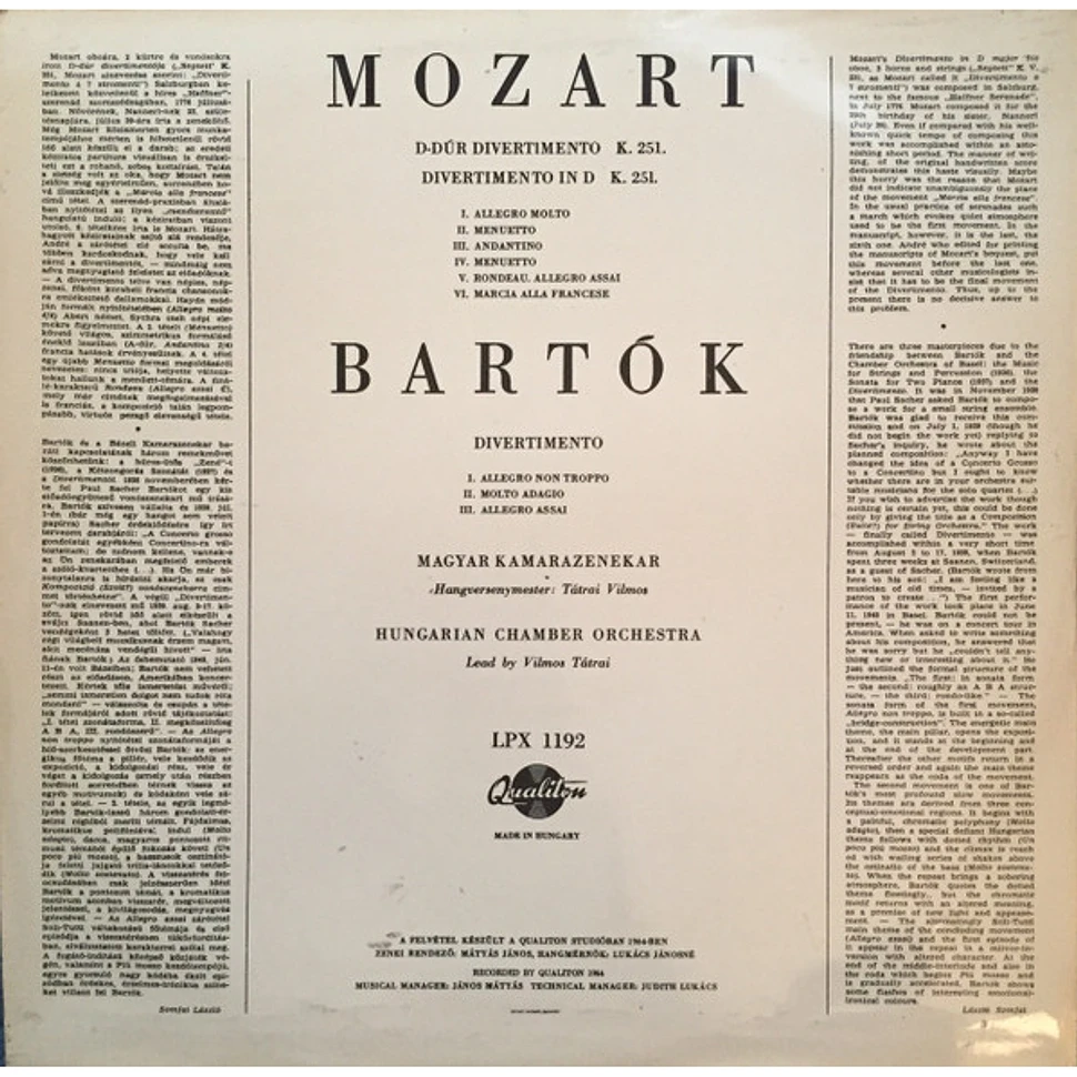 Béla Bartók, Wolfgang Amadeus Mozart, Hungarian Chamber Orchestra - Divertimento