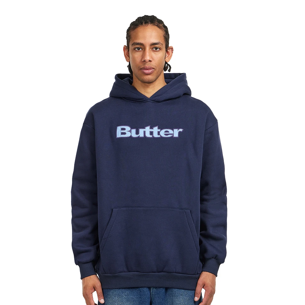 【BUTTER GOODS】 Felt Logo Applique Pullover Hood, Navy Satin Logo Applique Pullover Hood, Navy – Butter Goods USA