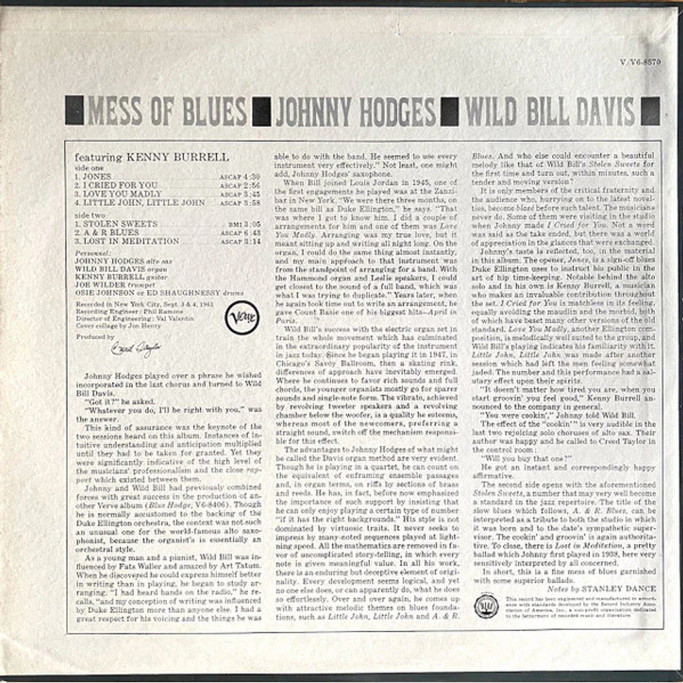 Johnny Hodges, Wild Bill Davis - Mess Of Blues