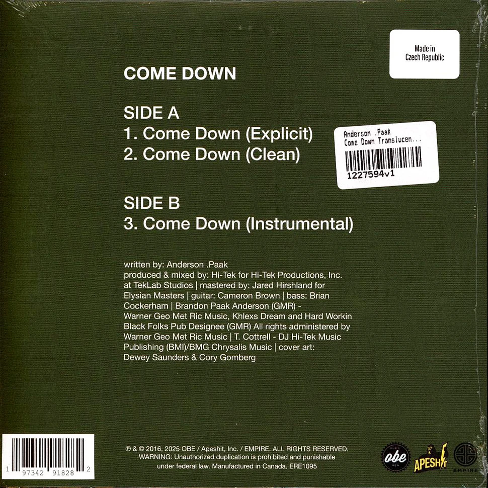 ANDERSON .PAAK Come Down 7インチシングル Anderson Paak Come Down Single RSD 2025 7