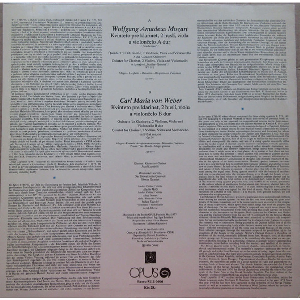 Wolfgang Amadeus Mozart, Carl Maria von Weber / The Slovak Quartet, Jozef Luptáčik - Klarinetové Kvinteto A Dur KV 581 / B Dur Op. 34