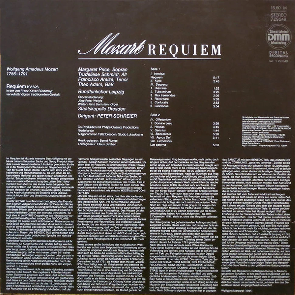 Wolfgang Amadeus Mozart, Margaret Price, Trudeliese Schmidt, Francisco Araiza, Theo Adam, Rundfunkchor Leipzig, Staatskapelle Dresden, Peter Schreier - Requiem