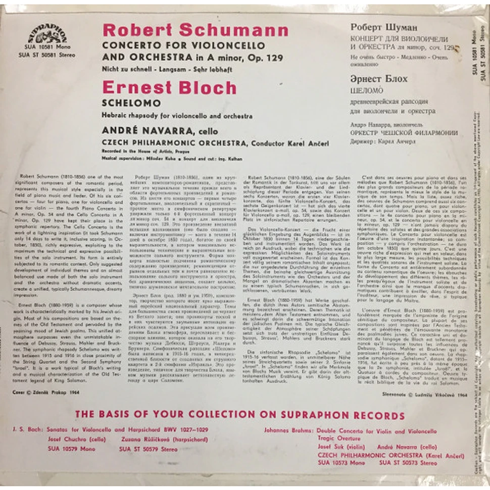 Robert Schumann / Ernest Bloch – Cello: André Navarra, The Czech Philharmonic Orchestra, Karel Ančerl - Concerto For Violoncello / Schelomo