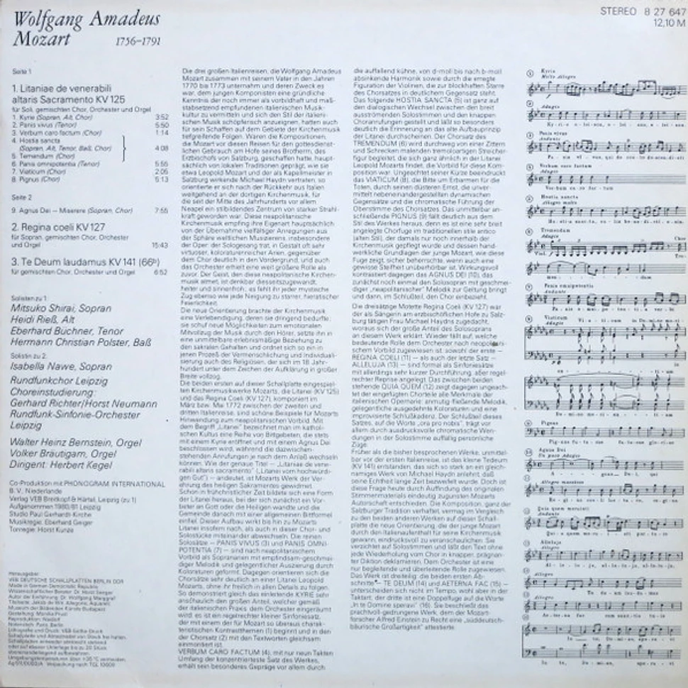 Wolfgang Amadeus Mozart, Mitsuko Shirai, Izabela Nawe, Heidi Rieß, Eberhard Büchner, Hermann Christian Polster, Rundfunkchor Leipzig, Rundfunk-Sinfonie-Orchester Leipzig, Herbert Kegel - Litaniae De Venerabili Altaris Sacramento KV 125 / Regina Coeli KV 127 / Ta Deum Laudamus KV 141