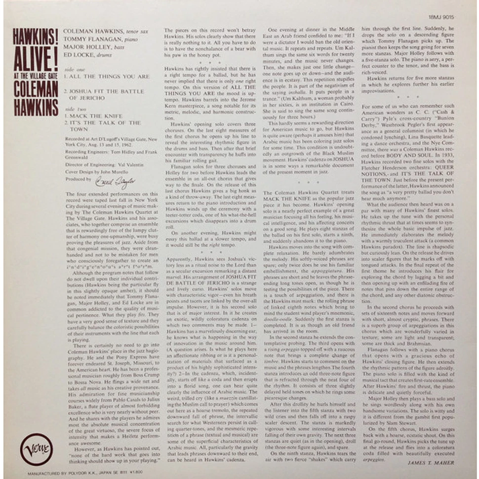 Coleman Hawkins Hawkins! Alive! At The Village Gate Vinyl LP 1981